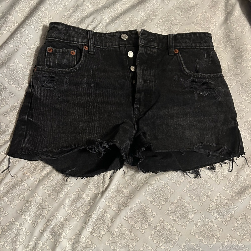 Zara Black Jean Shorts with Distressed Frayed Hem